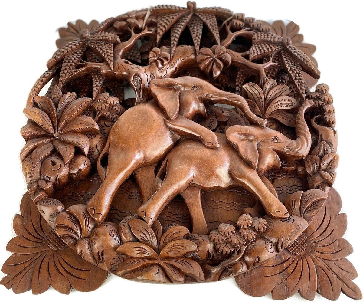 Handgemaakte houten olifant schilderij / Houten figuur / Indonesisch beeld