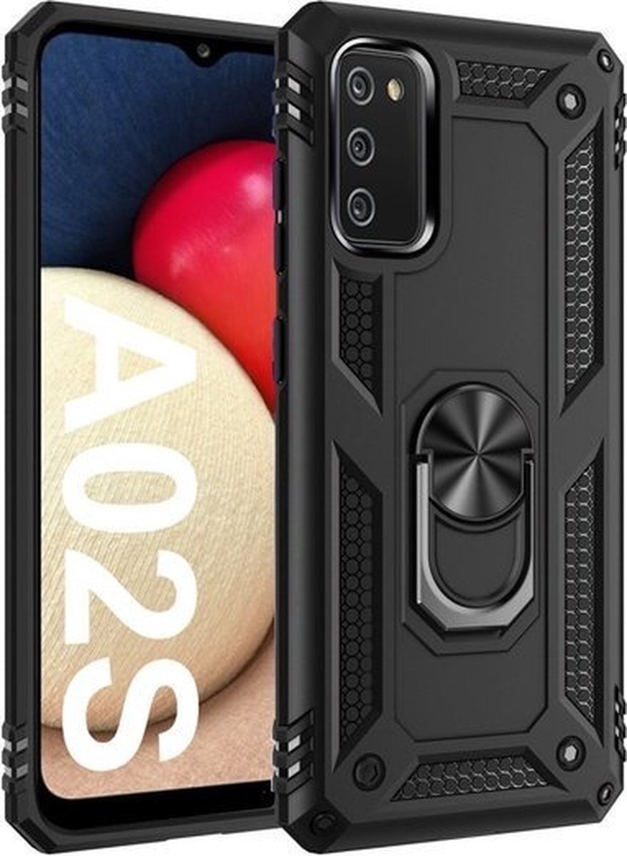 Hoesje Geschikt Voor Samsung Galaxy A02s Hoesje Armor Anti-shock Backcover Zwart - Galaxy A02s - A02s Backcover kickstand Ring houder cover TPU backcover oTronica