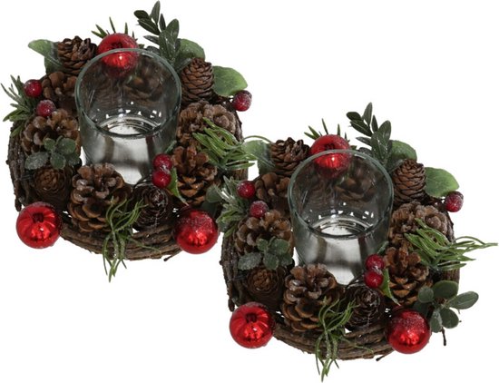 Set van 2x stuks kerst thema kaarsenhouders ornamenten red/green nature 16 cm - kaarsjes branden tafel decoratie