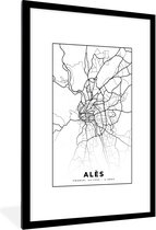 Fotolijst incl. Poster Zwart Wit- Alès - Kaart – Plattegrond – Frankrijk – Stadskaart - Zwart wit - 80x120 cm - Posterlijst