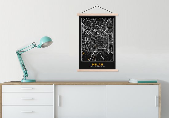 Porte-affiche avec affiche - Affiche scolaire - Carte - Milan - Carte - Or - Plan de la ville - 60x90 cm - Lattes vierges