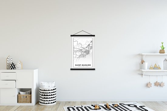 Porte-affiche avec Affiche - Affiche scolaire - Carte - Saint-Nazaire - Carte - France - Plan de la ville - Zwart et blanc - 60x90 cm - Lattes noires