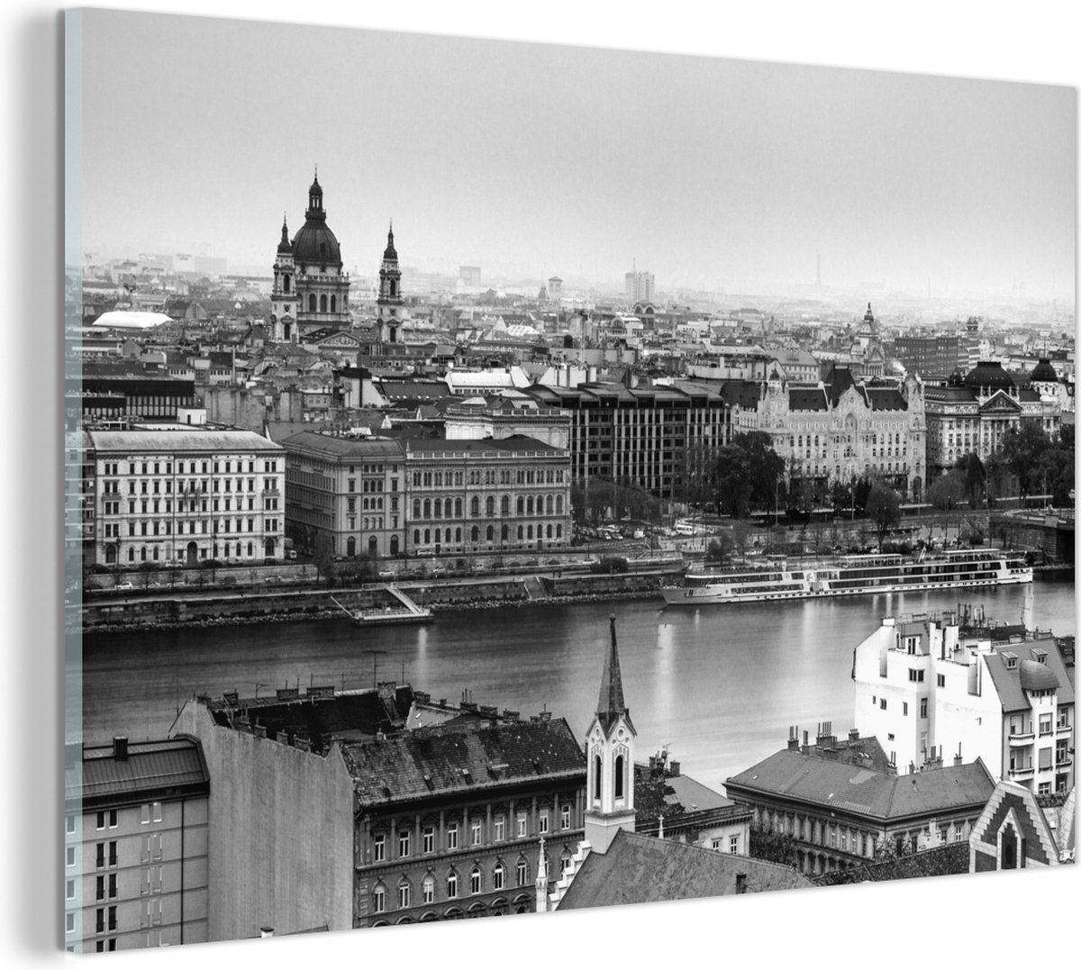 MuchoWow® Glasschilderij - Boedapest met warme lucht - zwart wit - 90x60 cm - Acrylglas Schilderijen - Foto op Glas - MuchoWow