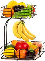 SensaHome - Corbeille à fruits avec porte-banane - Carré 2 couches Zwart - Bol à fruits - Etagere - Métal - Industrial - Moderne