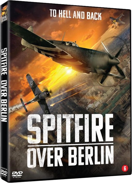 DVD-hoes met "SPITFIRE OVER BERLIN" titel. Een Spitfire vliegtuig jaagt over een stad, "TO HELL AND BACK" staat erboven.