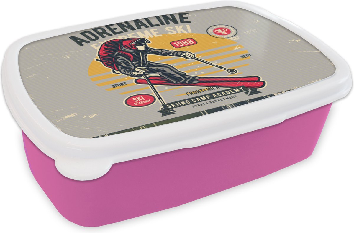 Broodtrommel Roze - Lunchbox - Brooddoos - Ski - Grijs - Vintage - 18x12x6 cm - Kinderen - Meisje