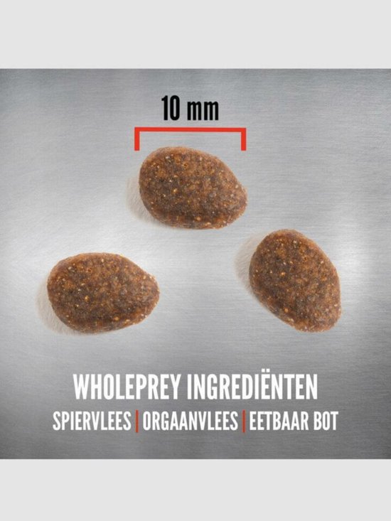 Drie brokjes kattenvoer van Orijen Tundra, met een maatindicatie van 10 mm.