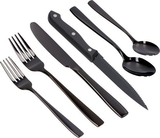 Deleca 6 Persoons Bestekset (36-delig) - Lepels, Messen, Vorken & Steakmessen - Vaatwasserbestendig - Zwart / RVS