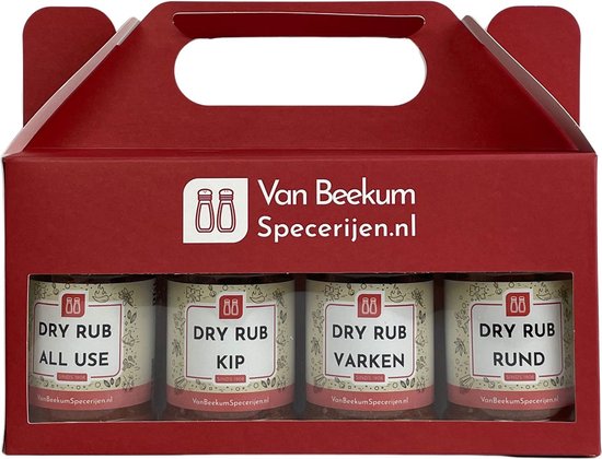 Rood cadeaupakket van Van Beekum Specerijen met vier potjes dry rub: All Use, Kip, Varken en Rund.