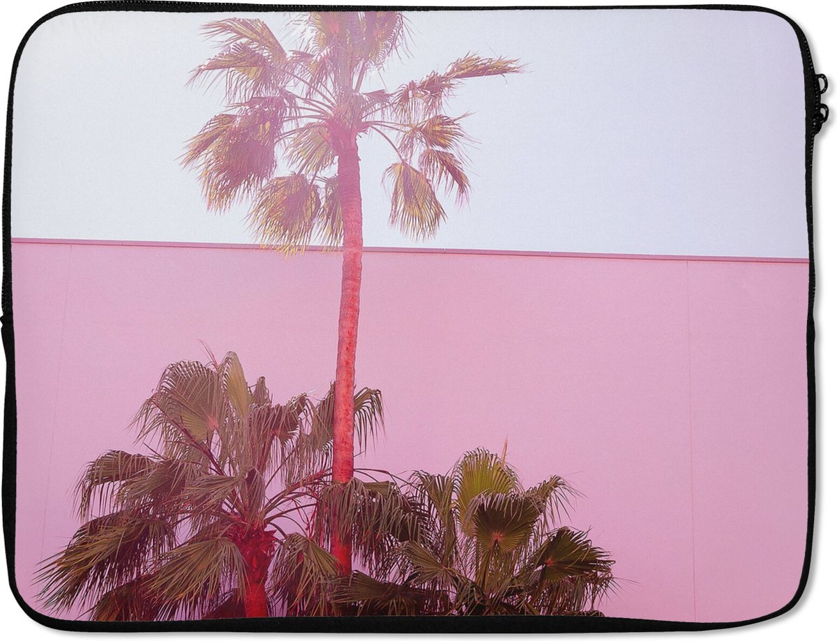 Laptophoes 17 inch - Palm - Tuinposter - Roze - Laptop sleeve - Binnenmaat 41x28 cm - Zwarte achterkant