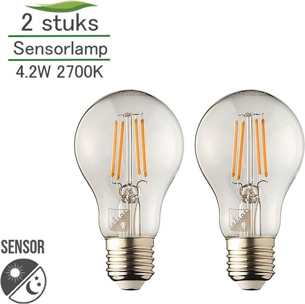 2 stuks Lybardo Sensor Lamp LED E27 met dagnacht sensor Filament 4.2W 2700K Warm Wit