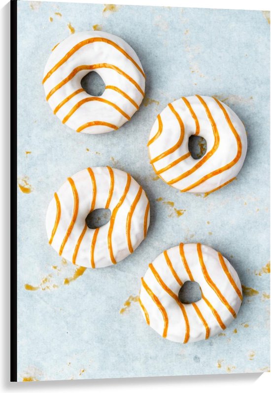 Canvas - Vier Bruin/Witte Donuts - Foto op Canvas Schilderij (Wanddecoratie op Canvas)