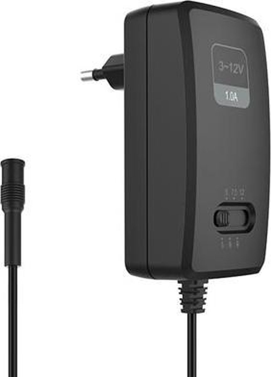 HQ-Power COMPACTE SCHAKELENDE VOEDING MET INSTELBARE UITGANG - 100-240 V - 3 tot 12 VDC - 1 A + 6 pluggen