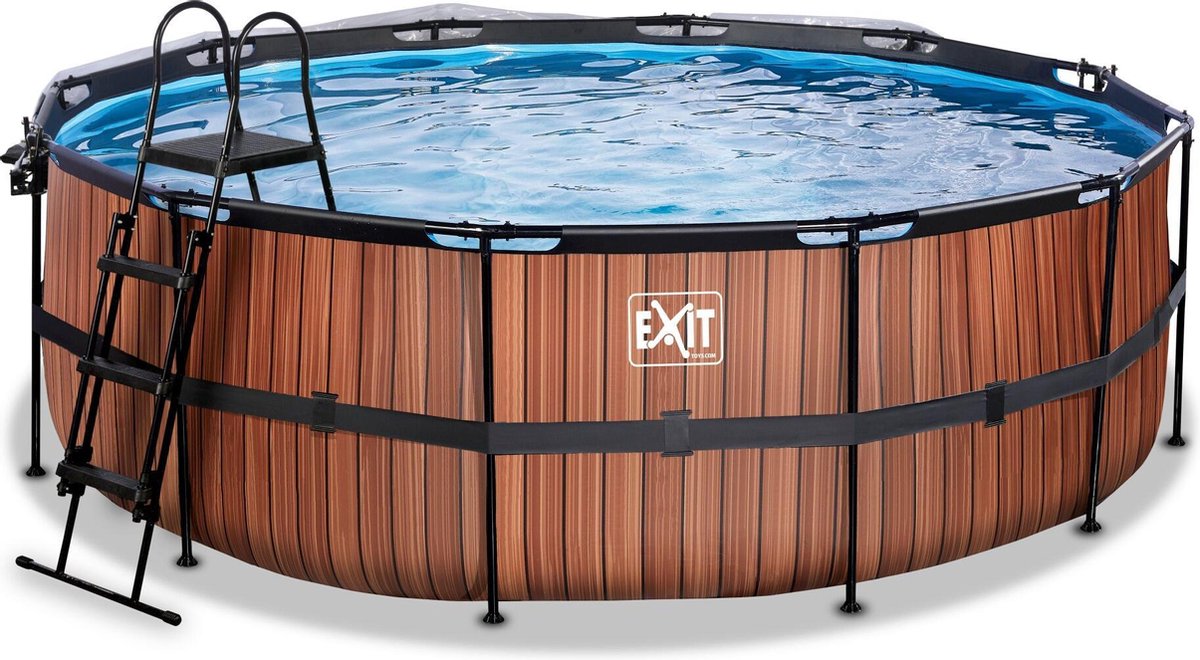 EXIT Wood Frame Zwembad ø427 - Opzetzwembad - met Zandfilterpomp & Overkapping - Rond - Bruin