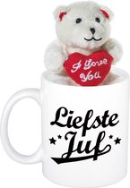 Juffendag cadeau Liefste juf beker / mok 300 ml met beige knuffelbeertje met love hartje - Bedankt Juf cadeautje
