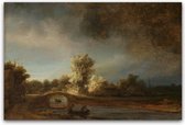 Schilderij Landschap met stenen brug - Rembrandt - Rijksmuseum - Foto op canvas - Canvasposter met ophangsysteem - 90 x 60 cm