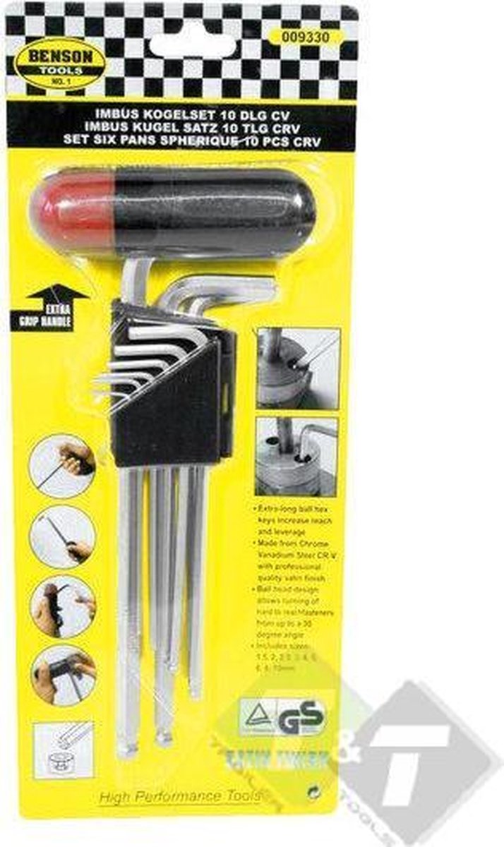 Inbussleutel met kogelkop set, 10 delig, 1.5, 2, 2.5, 3, 4, 5, 6, 8 en 10mm