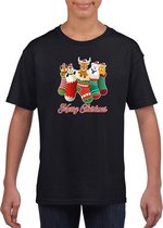 Kerst t-shirt / shirt kids - Merry Christmas dieren kerstsokken zwart voor kinderen - kerstkleding / christmas outfit XS (104-110)