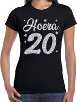 Hoera 20 jaar verjaardag / jubileum cadeau t-shirt - zilver glitter op zwart - dames - cadeau shirt M