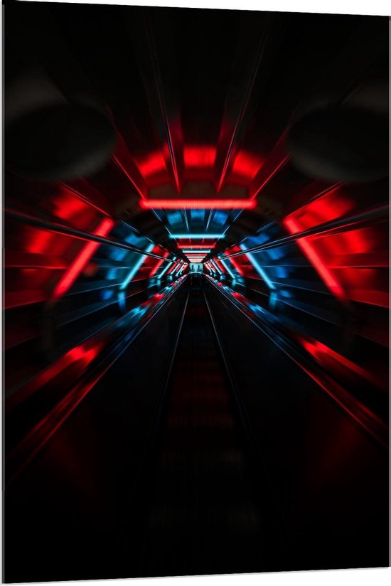 Acrylglas - Blauw/Rode Tunnel met een Treinspoor - Foto op Acrylglas (Met Ophangsysteem)