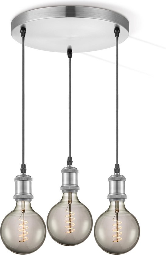 Home Sweet Home hanglamp geborsteld staal vintage rond Spiraal - hanglamp inclusief 3 LED filament lamp G125 dubbele spiraal - dimbaar - pendel lengte 100 cm - inclusief E27 LED lamp - rook