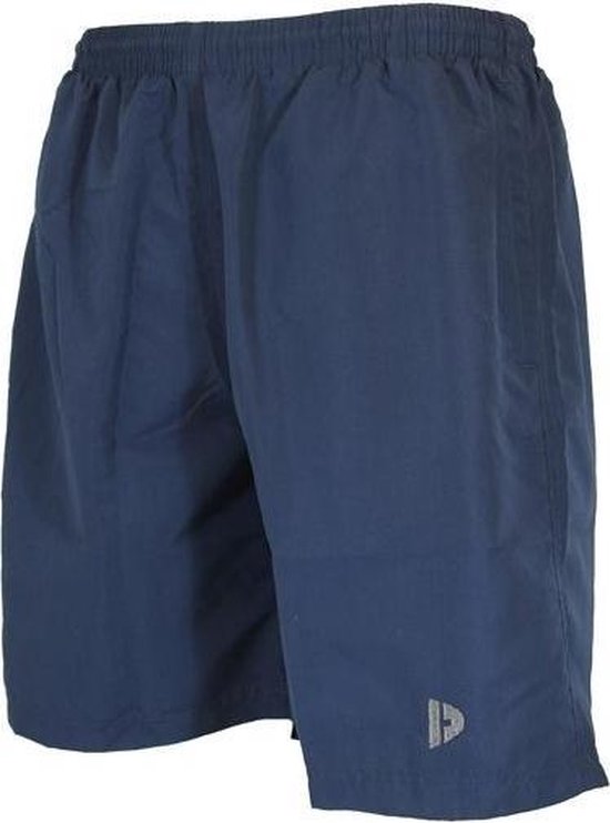 Donkerblauwe microvezel shorts met elastische tailleband en logo op de voorkant.