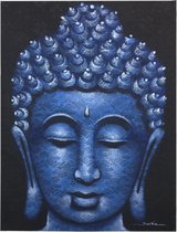 Boeddha Schilderij - Blauw Brokaat Detail - 80x60x3cm