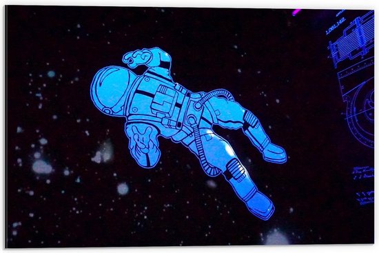 Dibond - Cartoon Astronaut in de Ruimte - 60x40cm Foto op Aluminium (Met Ophangsysteem)