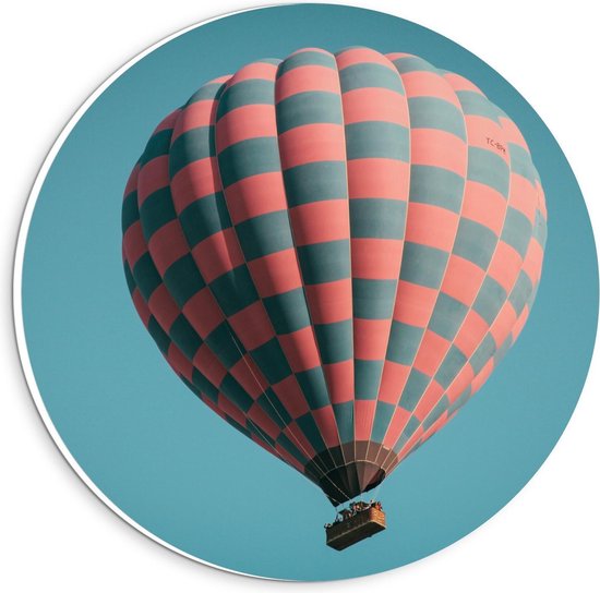 Forex Wandcirkel - Rood Zwart Geblokte Luchtballon - 20x20cm Foto op Wandcirkel (met ophangsysteem)