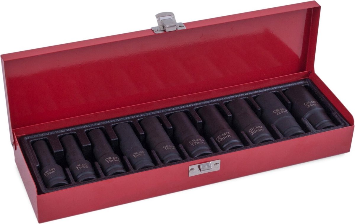Krachtdoppenset 10-delig (½″) – Extra Lange Doppen (75 mm) | Geribbeld Ring voor Extra Grip – Duurzame Metalen Opbergbox – Compact & Praktisch