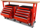 Ragnor Werkbank met Werkblad en 2 Gereedschapswagen - 200cm - Rood - 200 cm