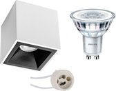 Opbouwspot Set - Pragmi Cliron Pro - GU10 Fitting - Opbouw Vierkant - Mat Wit/Zwart - Verdiept - 90mm - Philips - CorePro 840 36D - 5W - Natuurlijk Wit 4000K - Dimbaar - BES LED