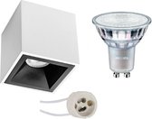 Opbouwspot Set - Pragmi Cliron Pro - GU10 Fitting - Opbouw Vierkant - Mat Wit/Zwart - Verdiept - 90mm - Philips - MASTER 927 36D VLE - 3.7W - Warm Wit 2200K-2700K - DimTone Dimbaar - BSE