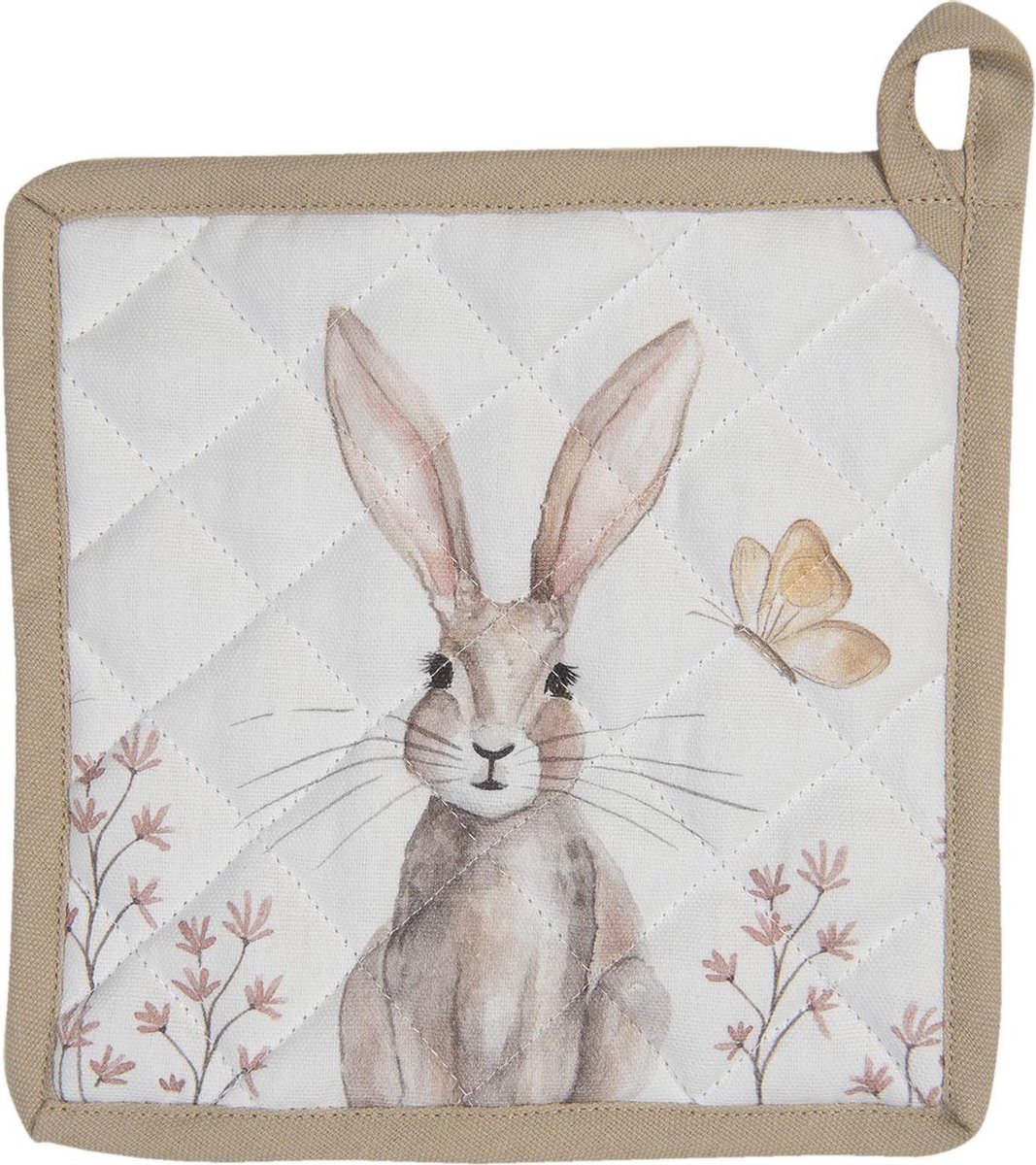 Clayre & Eef Pannenlap 20x20 cm Wit Bruin Katoen Konijn