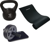 Tunturi - Fitness Set - Kettlebell 16 kg - Fitnessmat 160 x 60 x 0,7 cm - Trainingswiel