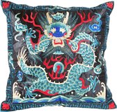 Fine Asianliving Kussenhoes Volledig Geborduurd Blauw Zwart Draak 40x40cm Zonder Vulling