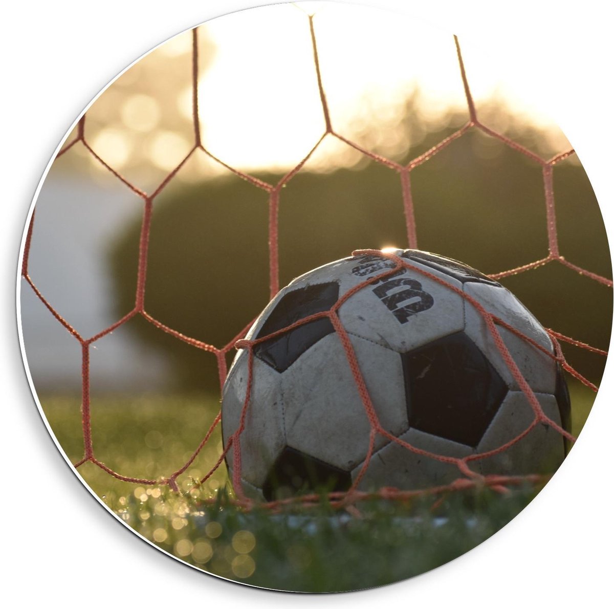Forex Wandcirkel - Voetbal in de Goal - 40x40cm Foto op Wandcirkel (met ophangsysteem)