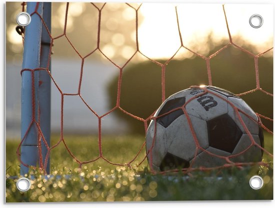 Tuinposter – Voetbal in de Goal - 40x30cm Foto op Tuinposter  (wanddecoratie voor buiten en binnen)