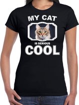 Bruine kat katten t-shirt my cat is serious cool zwart - dames - katten / poezen liefhebber cadeau shirt M