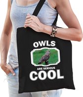 Dieren velduil  katoenen tasje volw + kind zwart - owls are cool boodschappentas/ gymtas / sporttas - cadeau uilen fan
