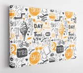 Seamless pattern with orange and black sketch symbols, lettering and labels. Vector funny Illustration on white background. Decorative elements for your packing design. - Modern Ar