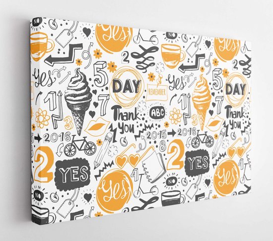 Seamless pattern with orange and black sketch symbols, lettering and labels. Vector funny Illustration on white background. Decorative elements for your packing design. - Modern Art Canvas - Horitonzal - 329005013 - 115*75 Horizontal