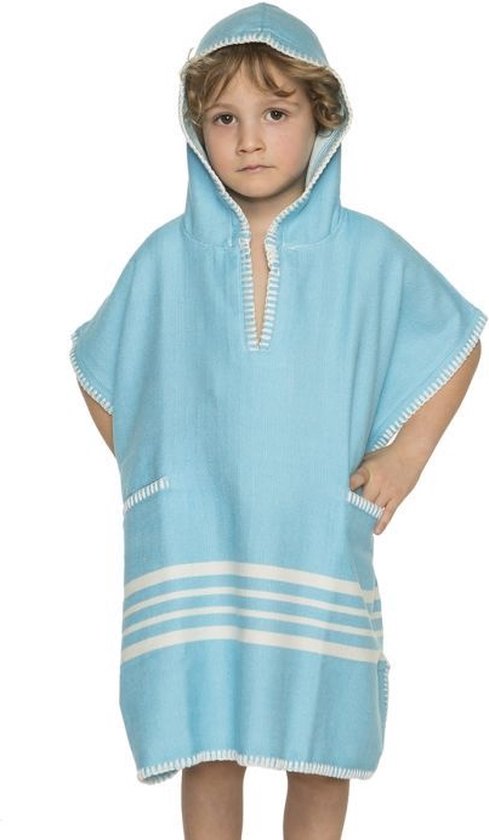 Kinder Strandponcho Hamam Turquoise - 8-9 jaar* - - jongens/meisjes/unisex pasvorm - poncho handdoek voor kinderen met capuchon - zwemponcho - badcape - badponcho