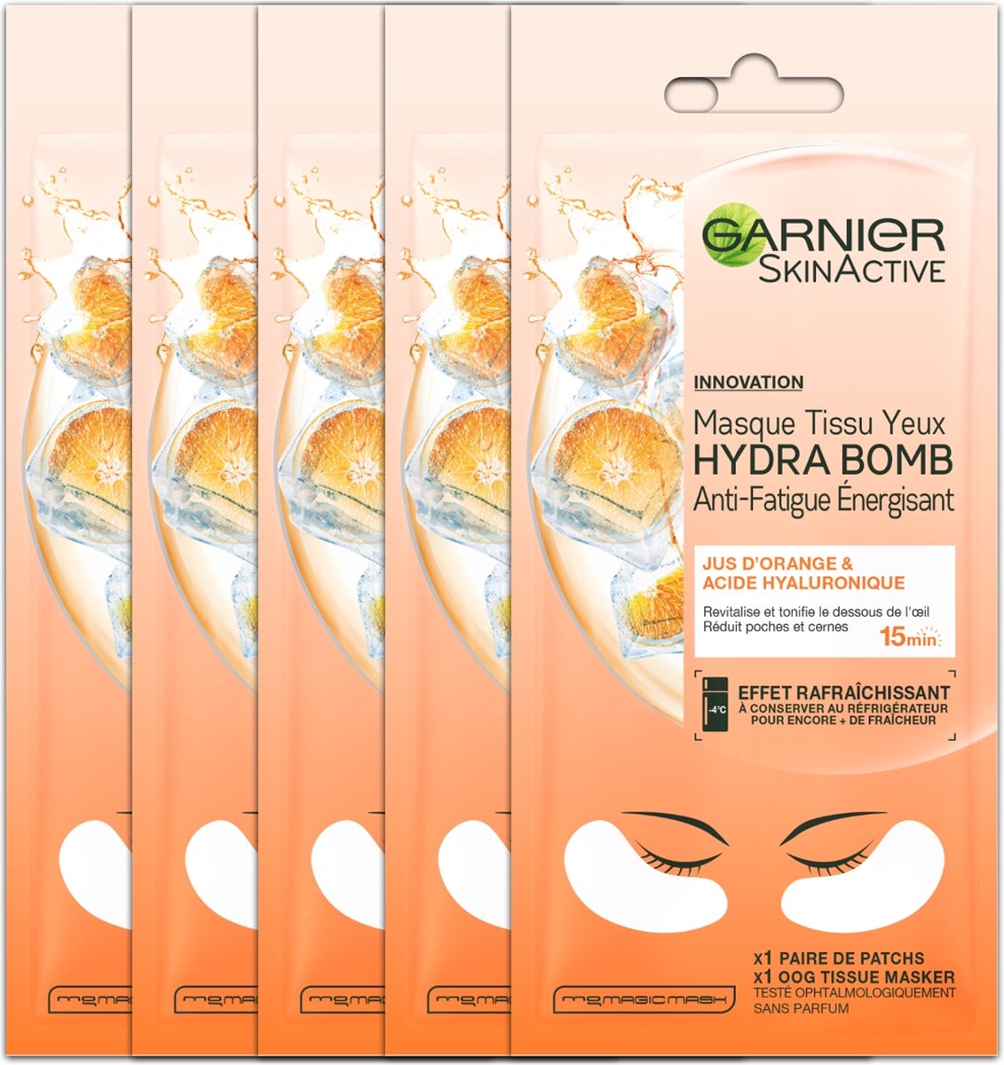 Garnier Skinactive Face Sheet Oogmasker - Sinaasappelsap en Hyaluronzuur - 20 stuks - Voordeelverpakking - Garnier