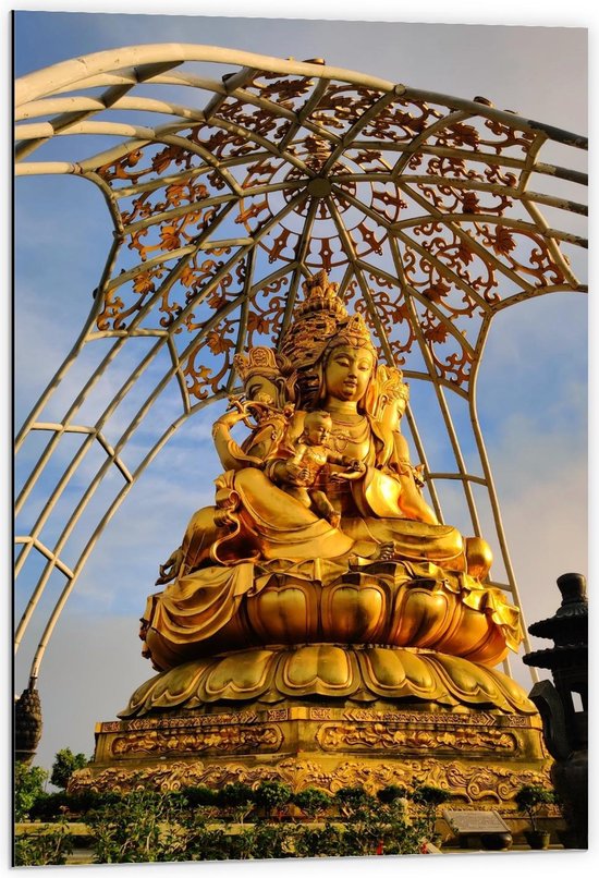 Dibond - Groot Goud Boeddha Standbeeld - 60x90cm Foto op Aluminium (Met Ophangsysteem)