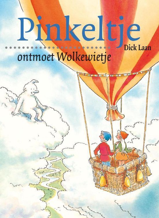 Omslag van 'Pinkeltje ontmoet Wolkewietje': Drie figuren in een mandje van heteluchtballon kijken naar een witte wolkfiguur. Ballontitel 'Pinkeltje' in blauw.