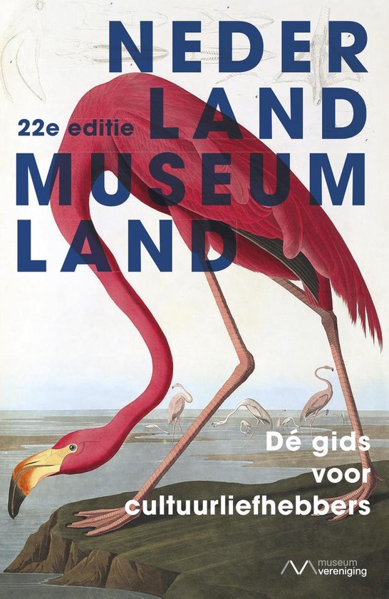 Een roze flamingo op een rots, met de tekst "NEDERLAND MUSEUMLAND" en "De gids voor cultuurliefhebbers".