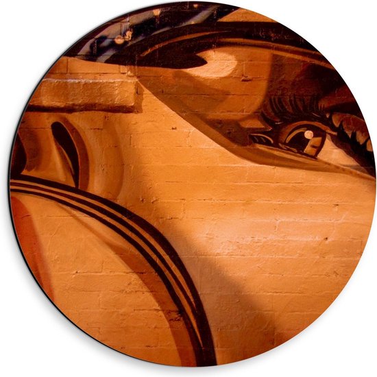Dibond Wandcirkel - Oranje Gezicht op Muur - 30x30cm Foto op Aluminium Wandcirkel (met ophangsysteem)