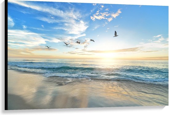 Canvas  - Blauwe Zee met Zon en Vogels - 120x80cm Foto op Canvas Schilderij (Wanddecoratie op Canvas)