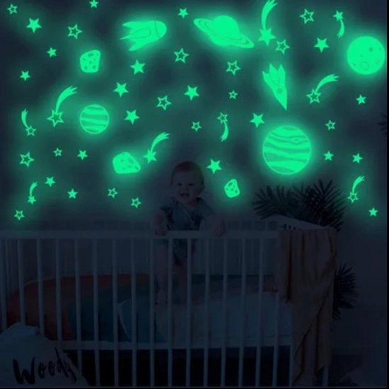 Muursticker glow in the dark sterren, raketten en planeten - lichtgevende stickers babykamer kinderkamer